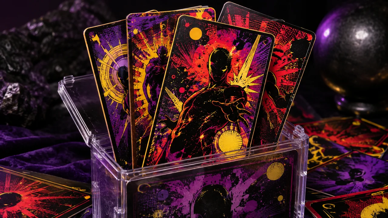 Original editorial illustration of a trading card collection