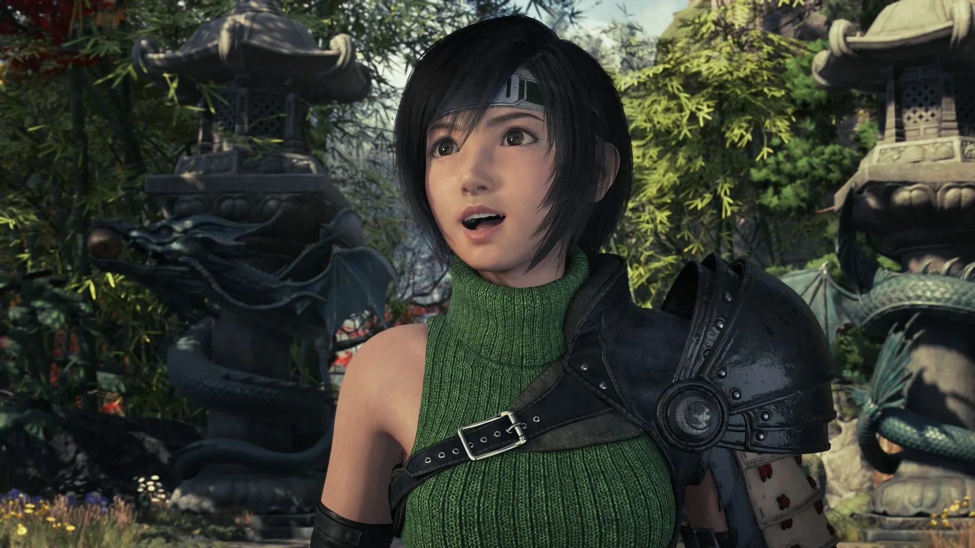 Yuffie stands in a jungle in Final Fantasy 7 Revelation with her mouth open