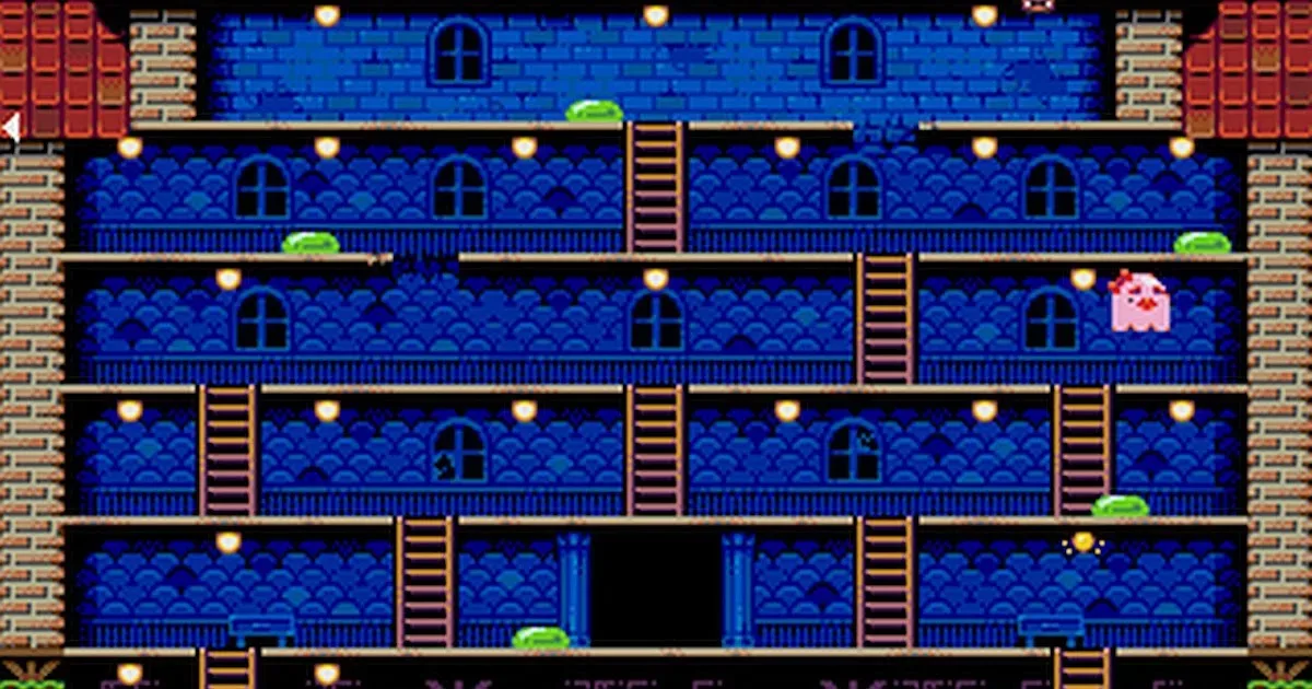 Mega Darkula 16-bit platforming scene with ladders, hazards and light bulbs to unscrew