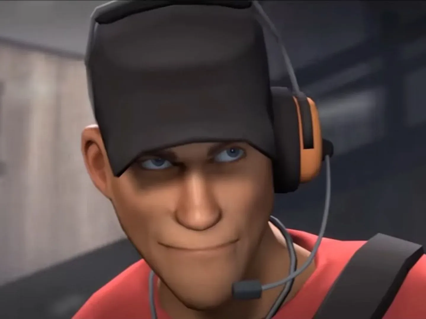 Team Fortress 2 Scout in a hat and headset smiling
