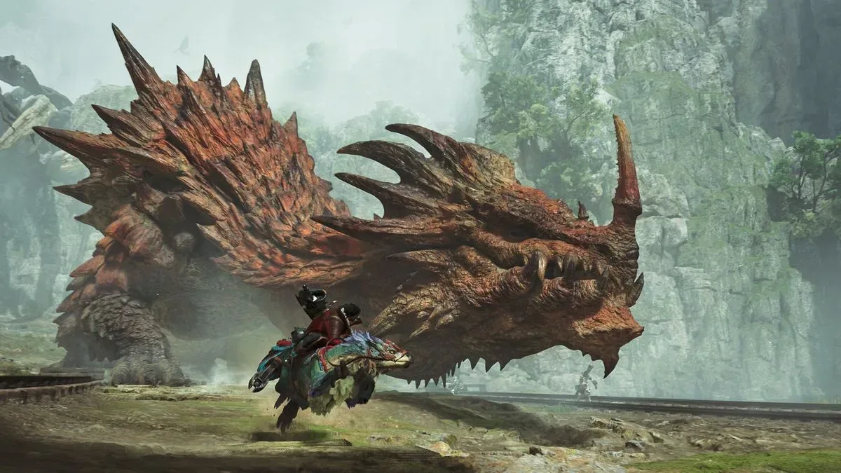 The player rides away from a massive monster in Monster Hunter Wilds Ascendance