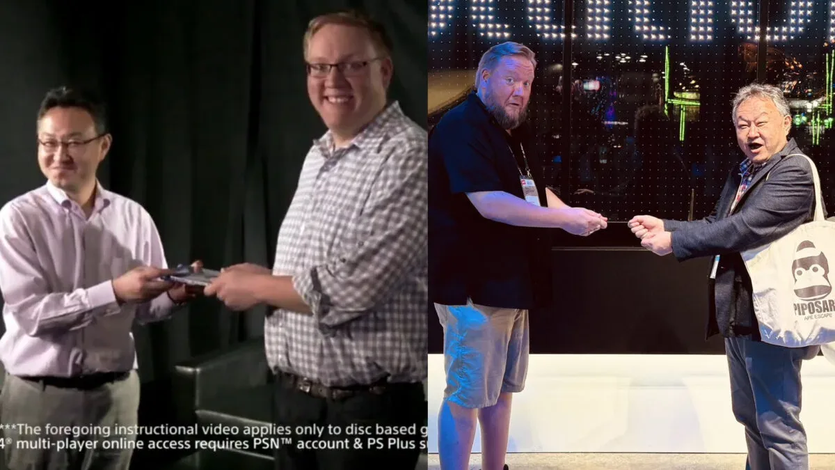 Shuhei Yoshida and Adam Boyes recreate the pose from PlayStation's 2013 PS4 used-game video without holding a disc