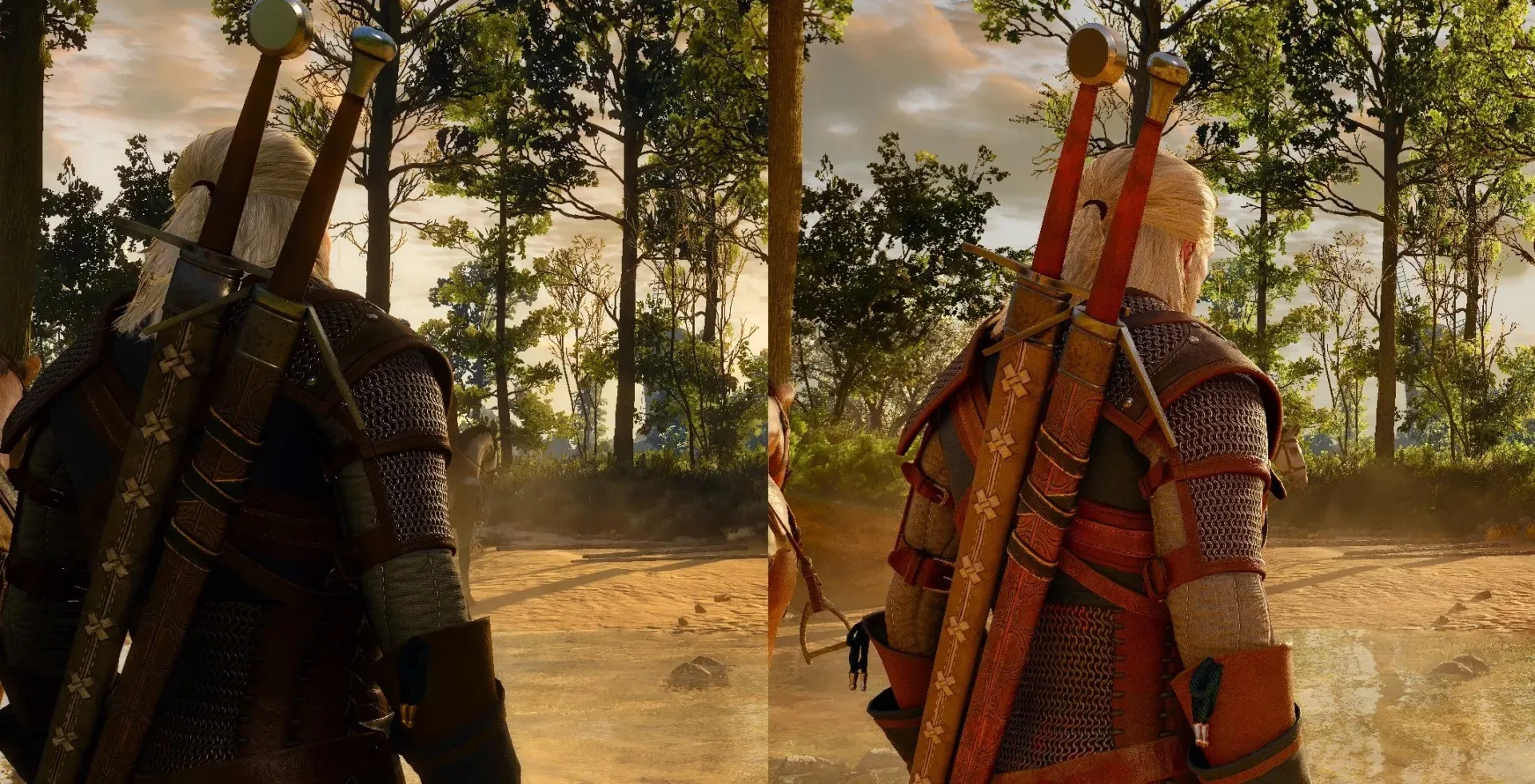 Side-by-side comparison of The Witcher 3 original graphics and remastered ray-traced lighting