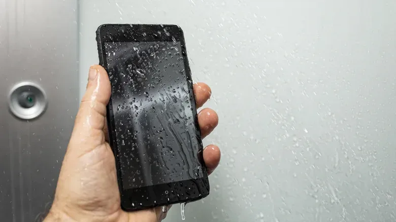 Close view of a phone charging port with water droplets and a moisture warning concept