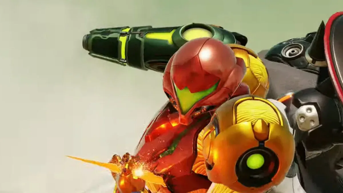 Samus Aran in her alien-green upgraded armor in Metroid Ravenous