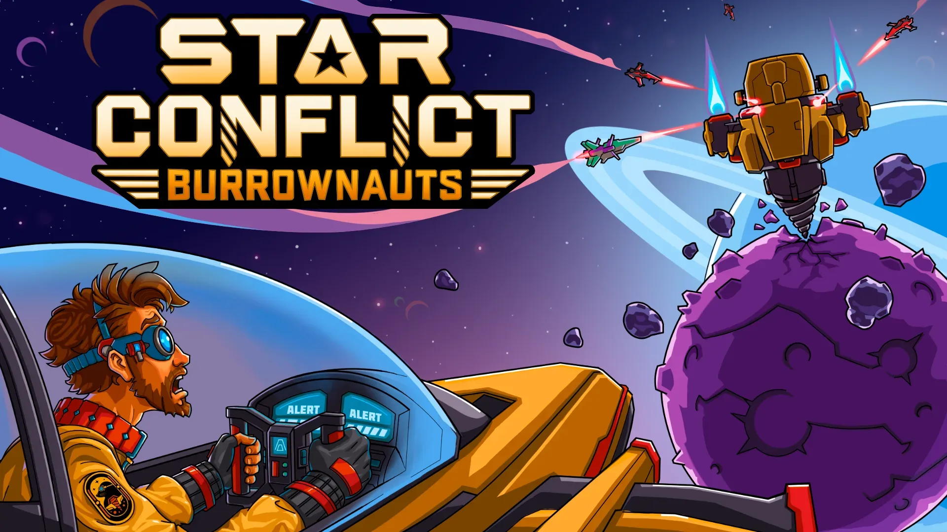 Star Conflict: Burrownauts ship defending its base from waves of space enemies