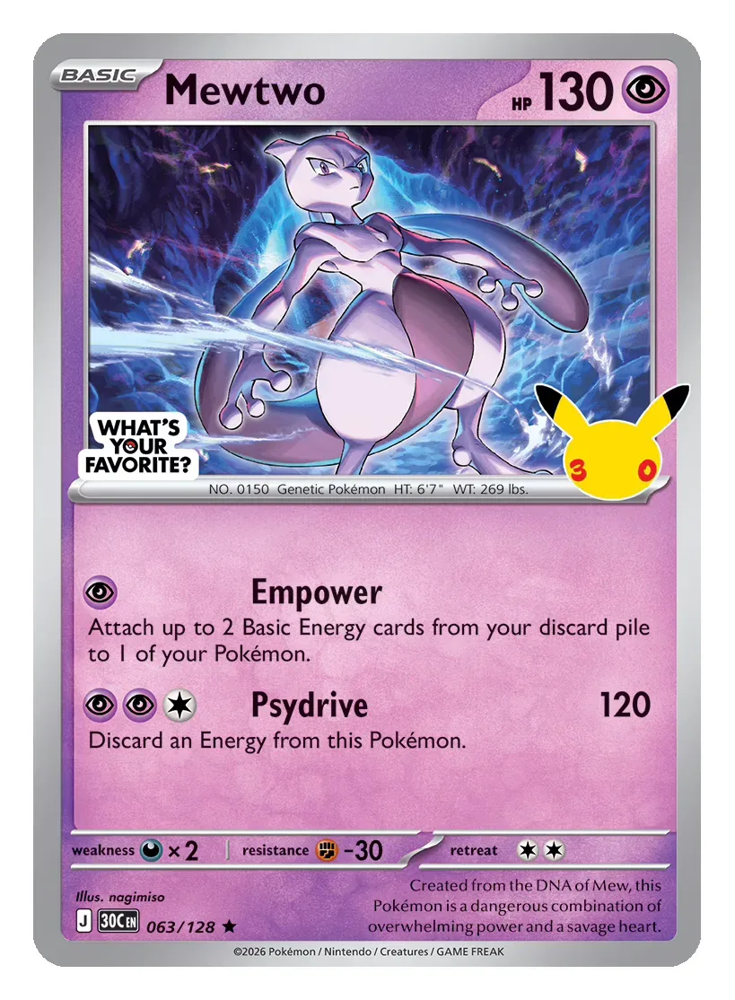 Mewtwo promo card with Pokémon 30 and What’s Your Favorite logos
