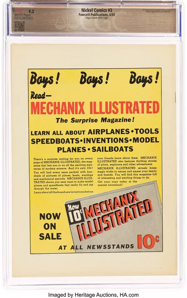 Nickel Comics #3 (Fawcett, 1940) back cover in its CGC holder. A yellow, red and black advertisement promotes the ten-cent Mechanix Illustrated magazine.