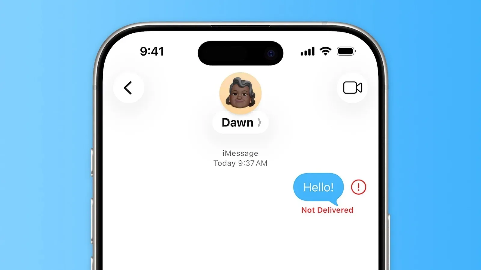 An iPhone Messages conversation showing a red exclamation point beside a failed message