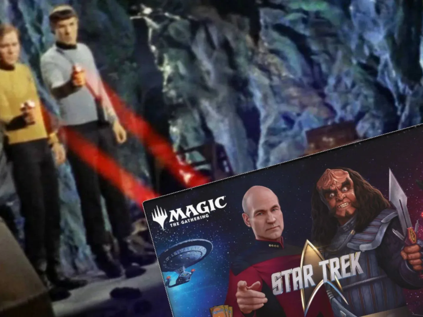 Kirk and Spock fire phasers at the MTG Star Trek Beginner Box