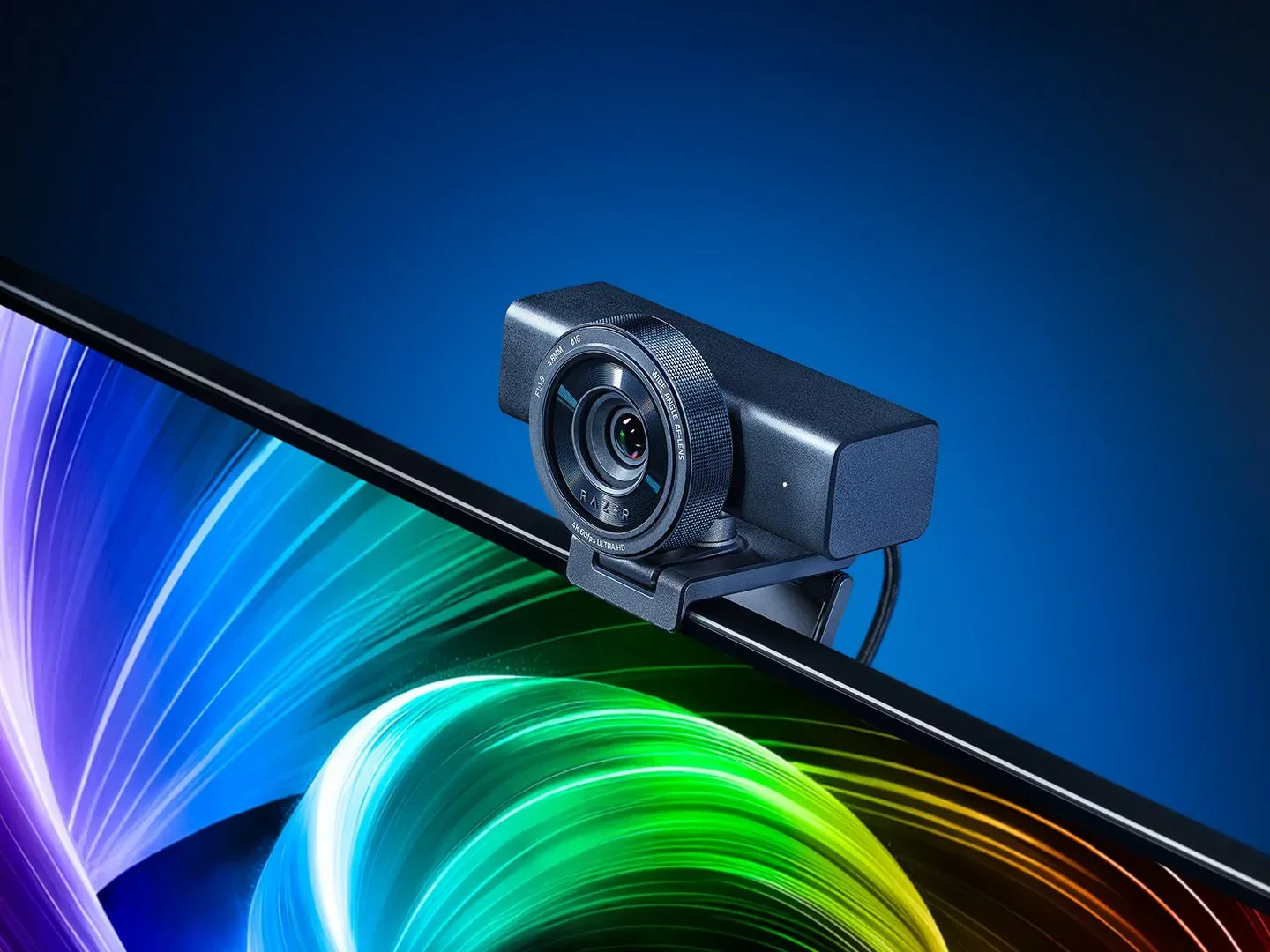 A Razer Kiyo V2 Pro reveal image of the webcam sitting atop a gaming monitor
