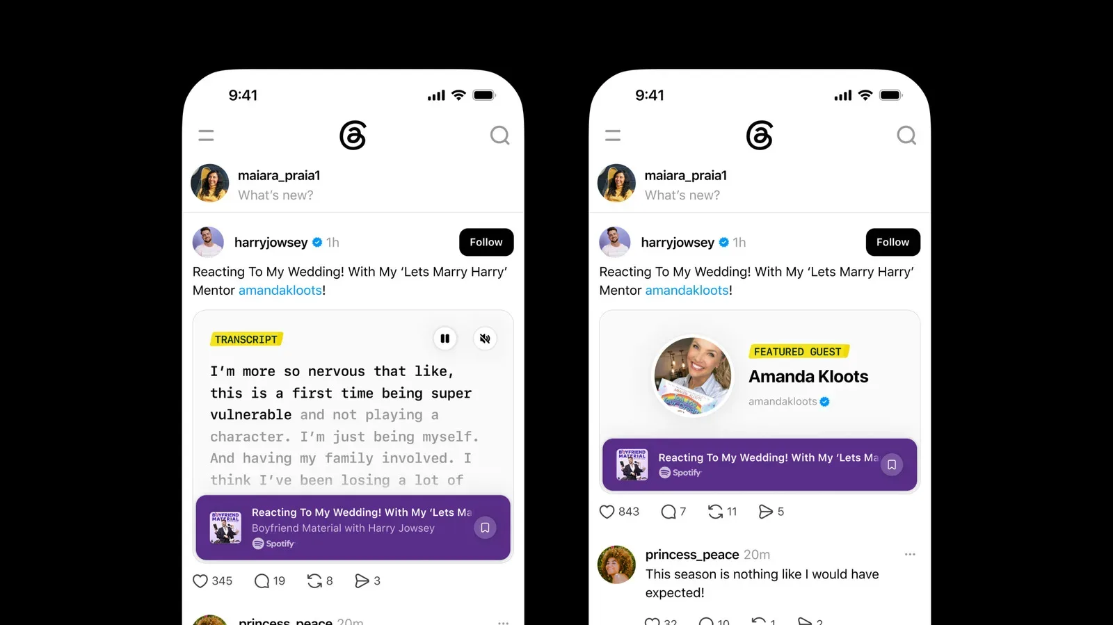 A Threads post promoting a podcast episode with a transcript excerpt and save button