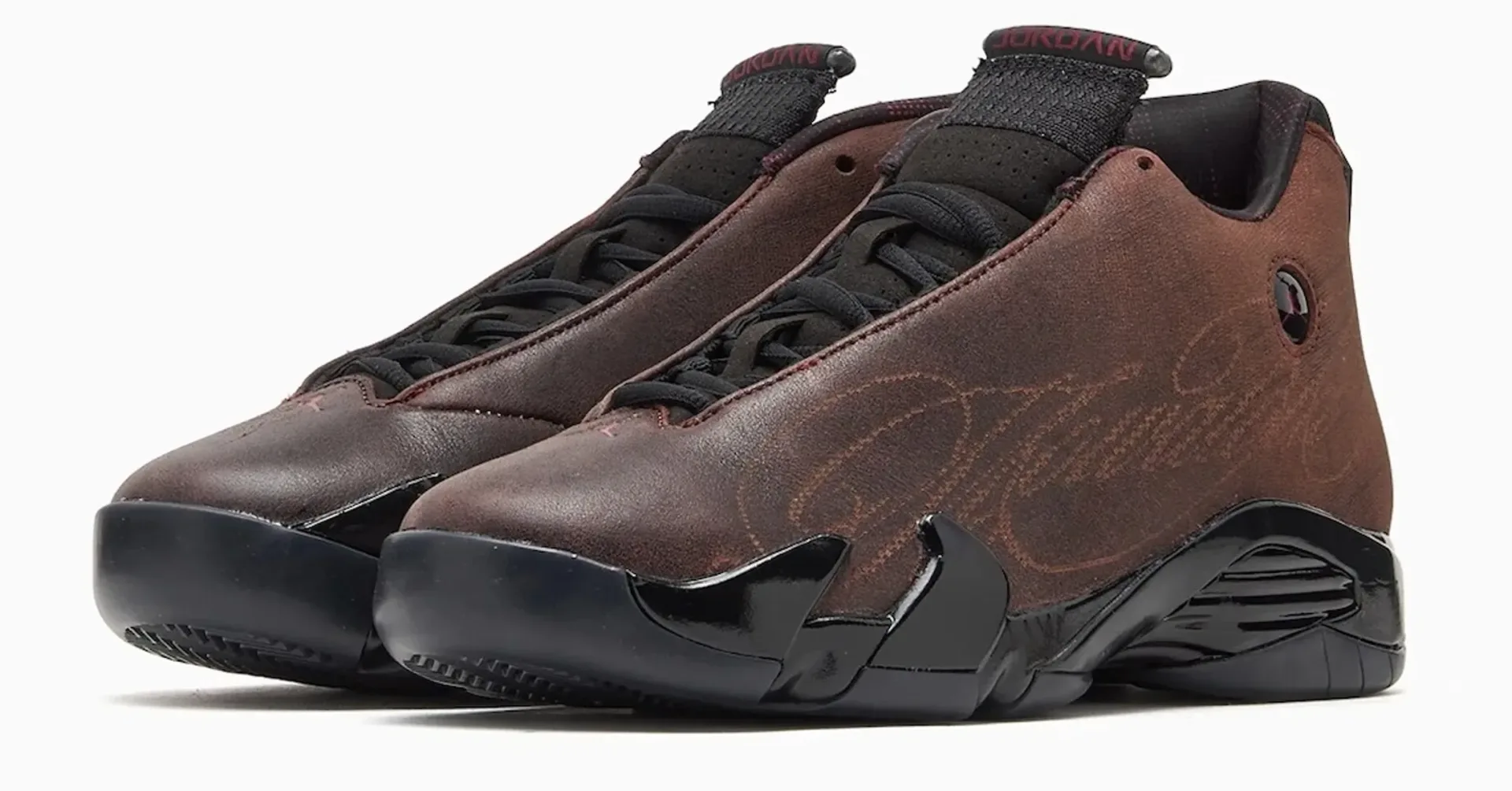 Mowalola x Air Jordan 14 in weathered brown leather with black patent detailing