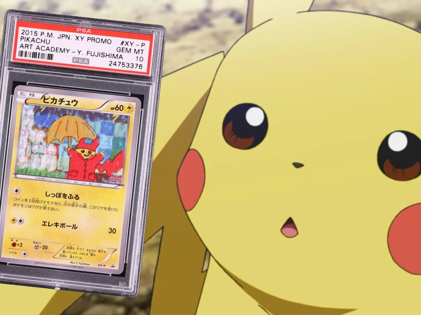 A Pikachu looks surprised beside a PSA 10 GEM Mint rated Raincoat Pikachu Pokemon card