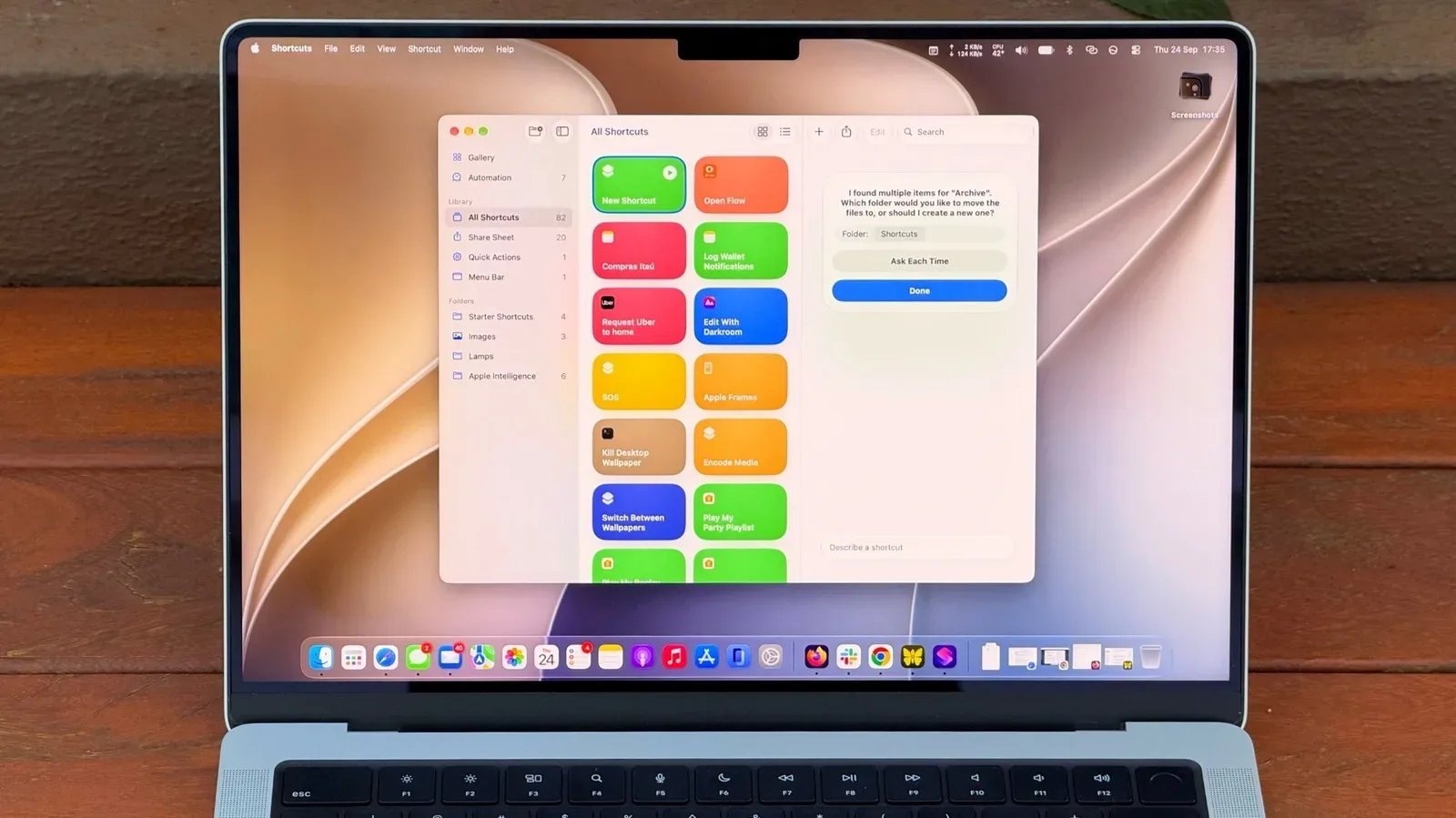 A Mac display showing the Shortcuts app and an automation prompt