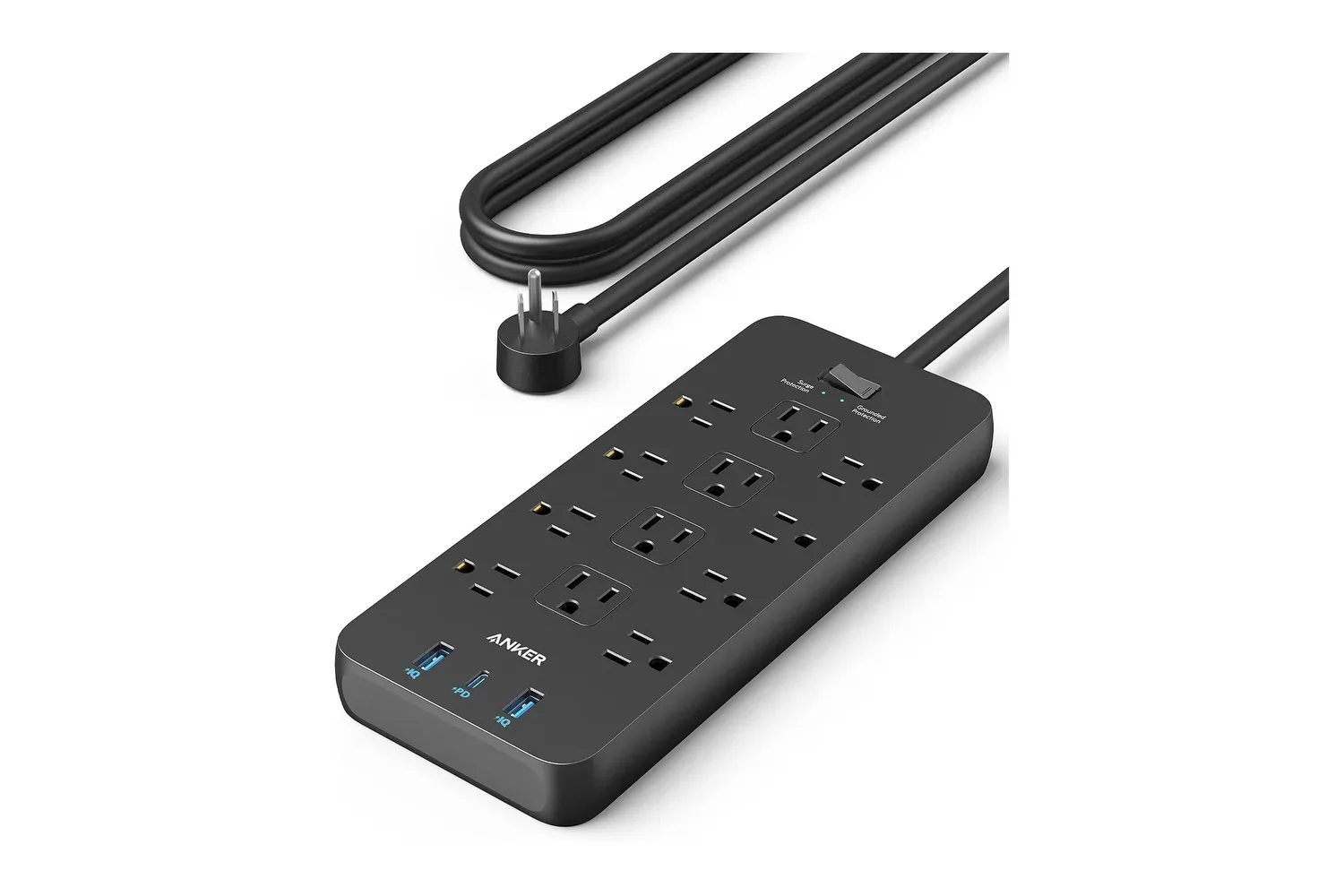 Anker power strip with eight AC outlets and USB charging ports