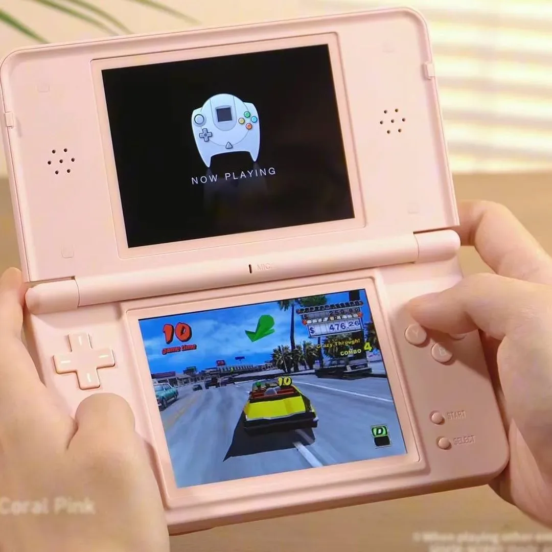 Nintendo DS-style retro handheld displaying dual-screen gameplay