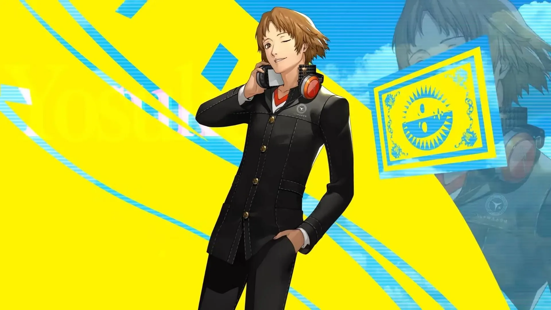 Official art for Yosuke Hanamura in Persona 4 Revival shows a teenager with short brown hair wearing headphones, winking.