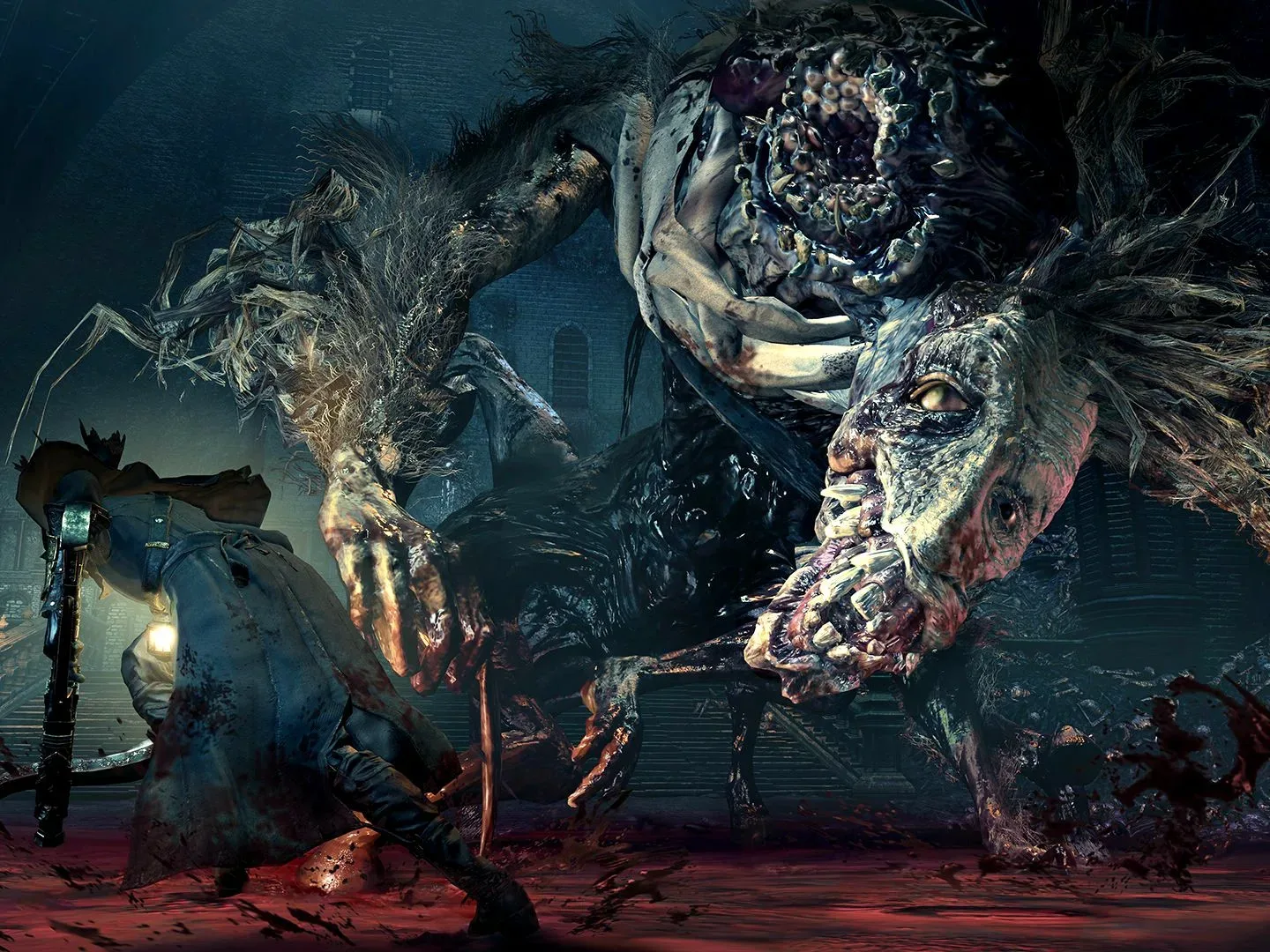 A conceptual game industry meeting contrasted with a fantasy enemy silhouette