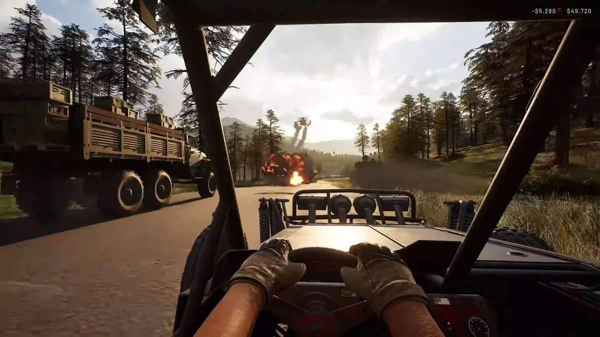 Wardogs player driving buggy along road as attack helicopter fires rockets