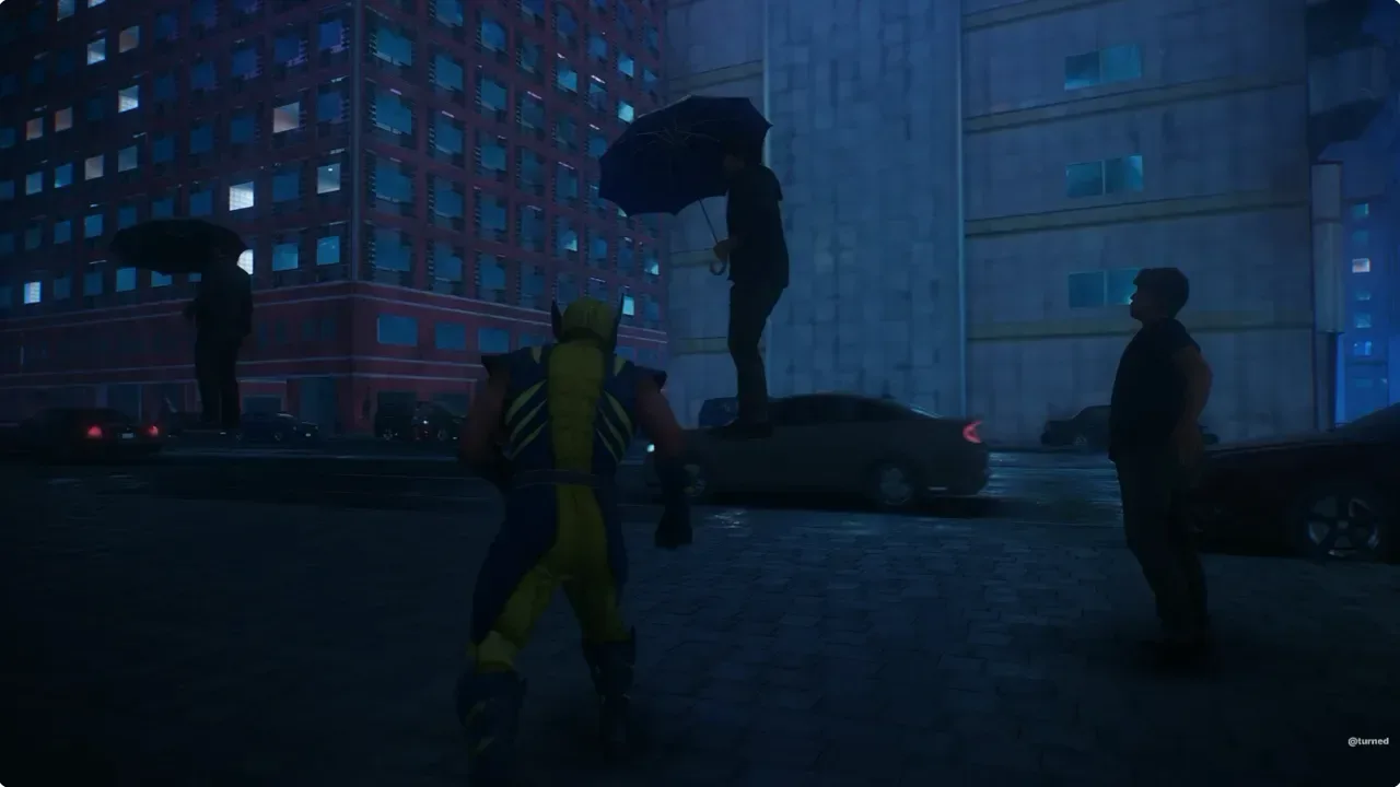 Floating NPCs and exposed environment assets in a Marvel’s Wolverine Japan area