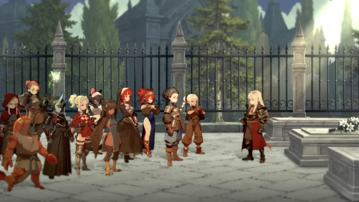 Dawngazer teaser scene showing the unnamed female soldier in a vibrant fantasy town