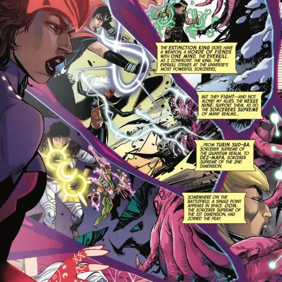 Wanda faces the Extinction King’s Hexatomb threat across multiple realms