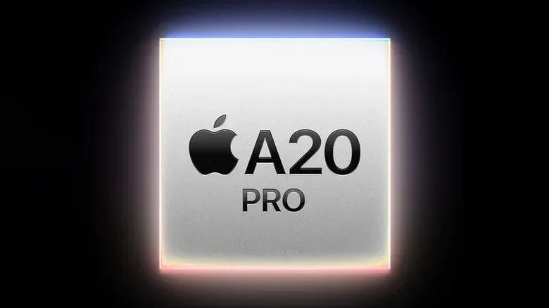 A mobile silicon chip with the Apple logo and "A20 Pro" on it.