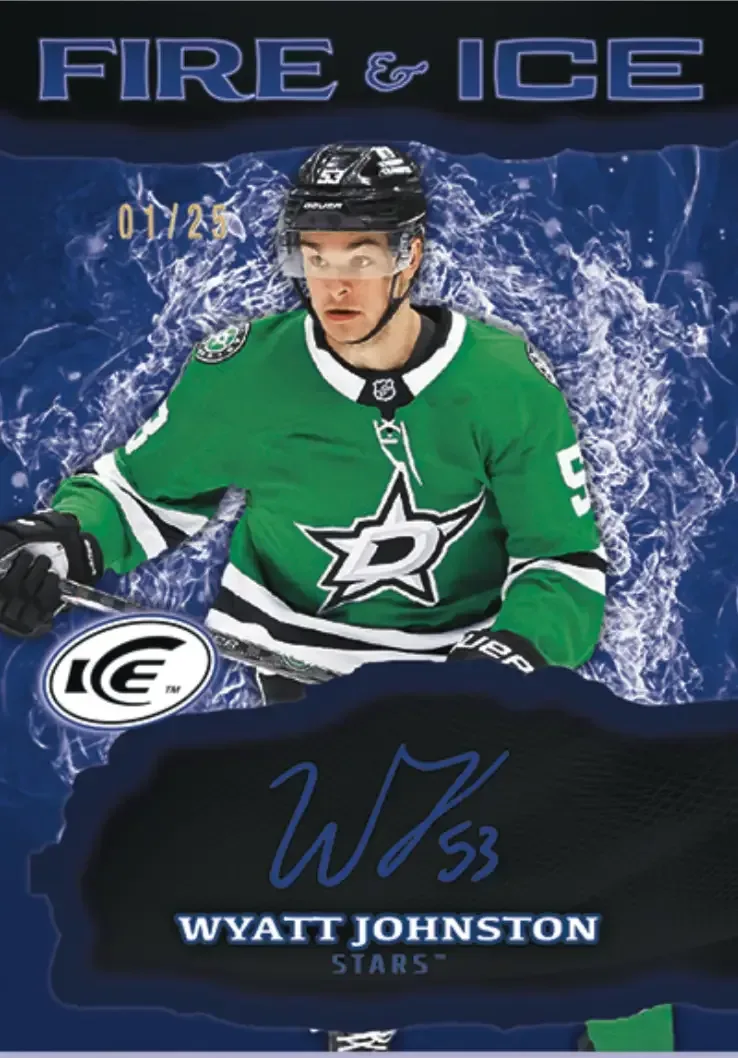 Image of player in green Dallas Stars jersey with blue background and blue signature.