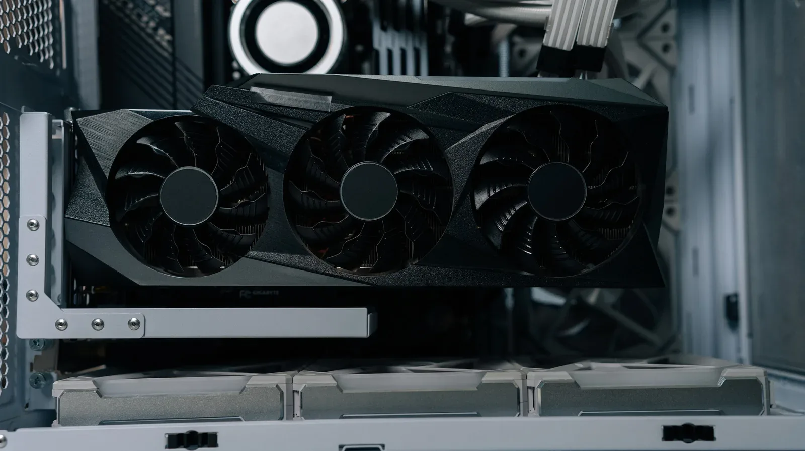 A used graphics card installed in a desktop gaming PC