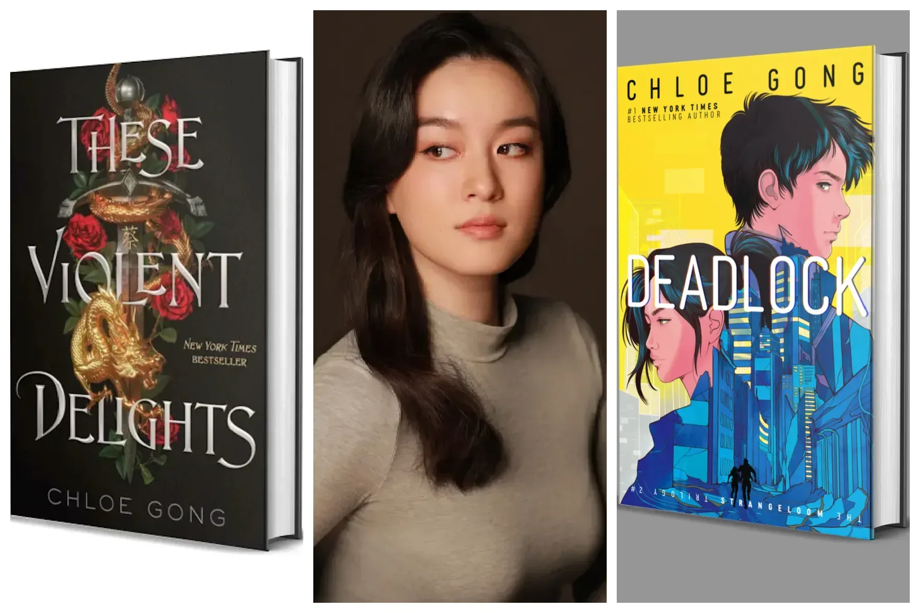 Chloe Gong book news graphic featuring Deadlock, StrangeLoom and These Violent Delights titles