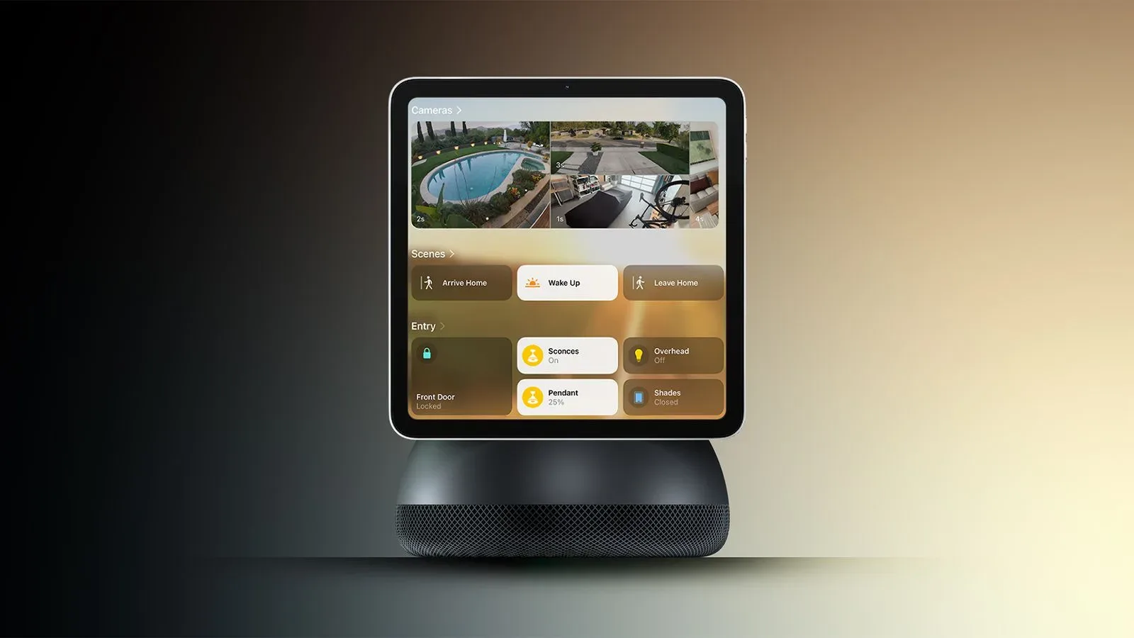 Reported Apple smart home hub with a square display on a round speaker base