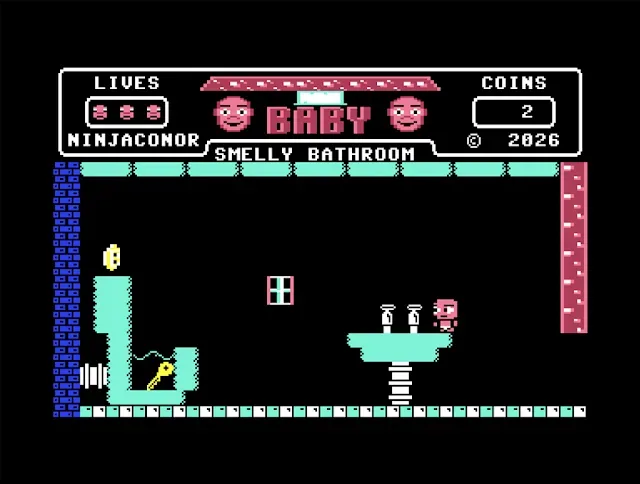 Baby exploring Mushroom Manor while searching for escape items on C64