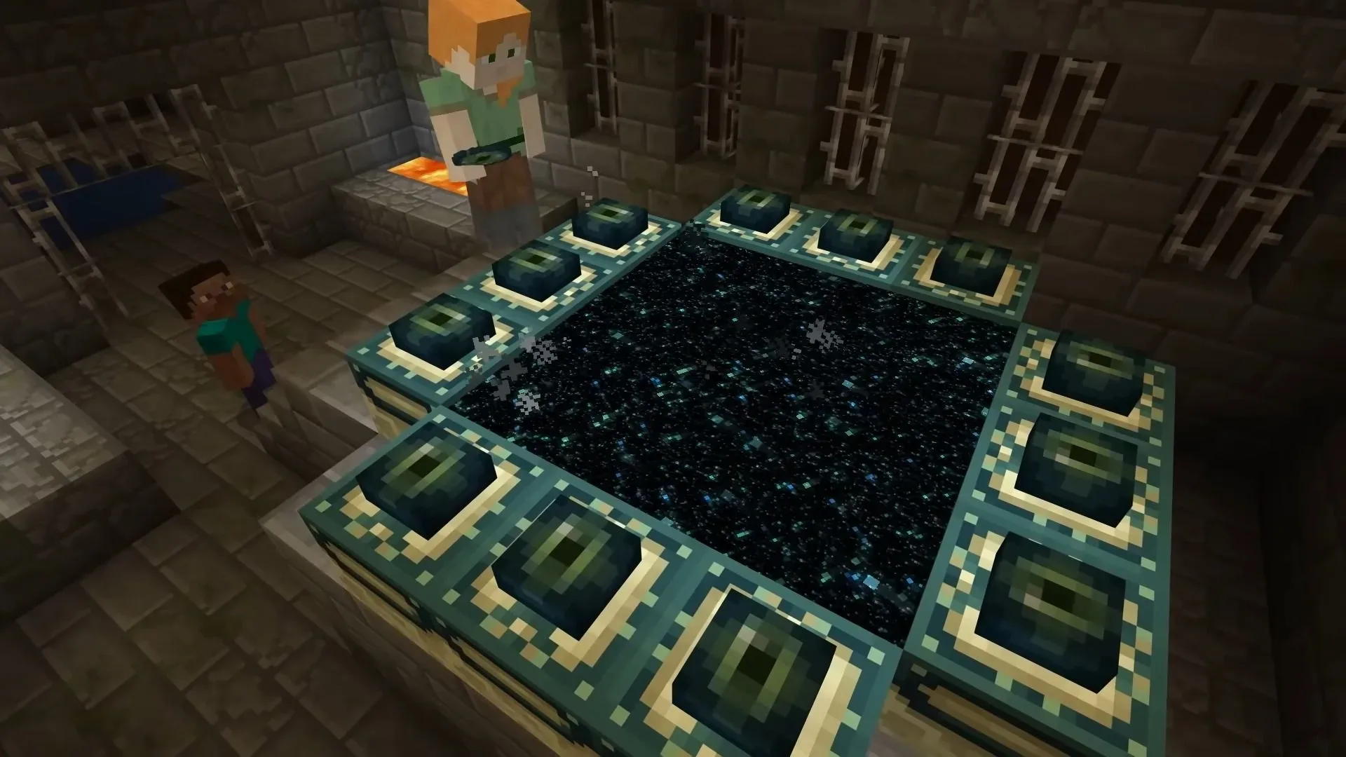 A Minecraft Ender Dragon flies above the End dimension during a simulation of mob-driven progress toward the game’s credits.