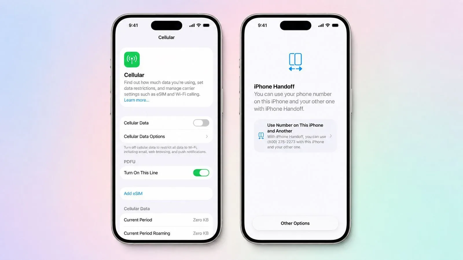 Two iPhones displaying iOS 27 iPhone Handoff switching a shared phone number