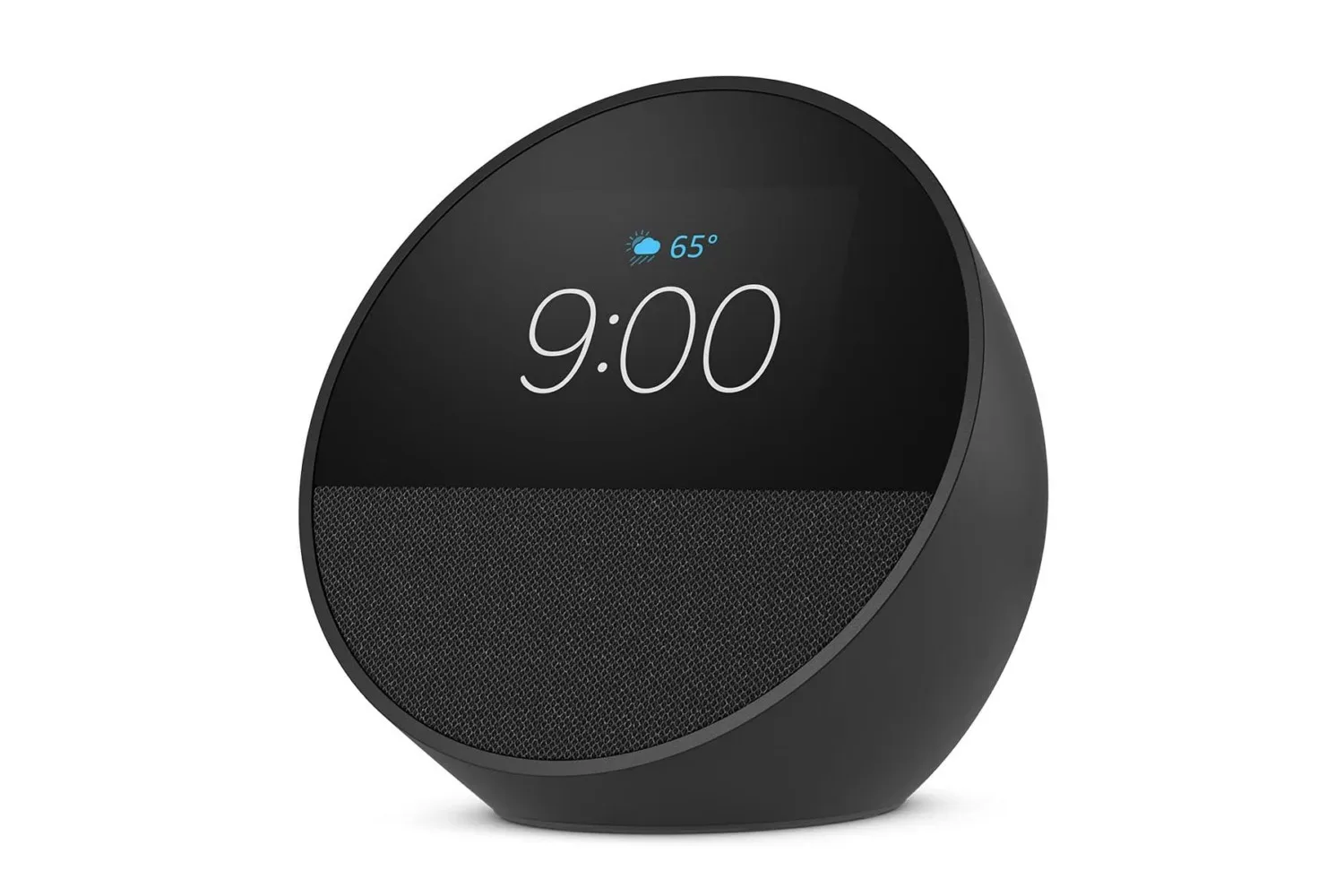 Amazon Echo Spot smart alarm clock displaying time and weather on a bedside table
