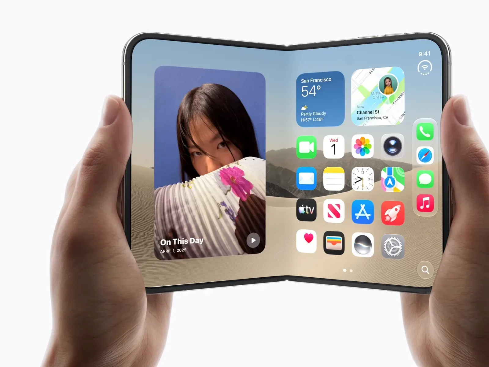 iPhone Duo interface transitioning from outer display to expanded inner display