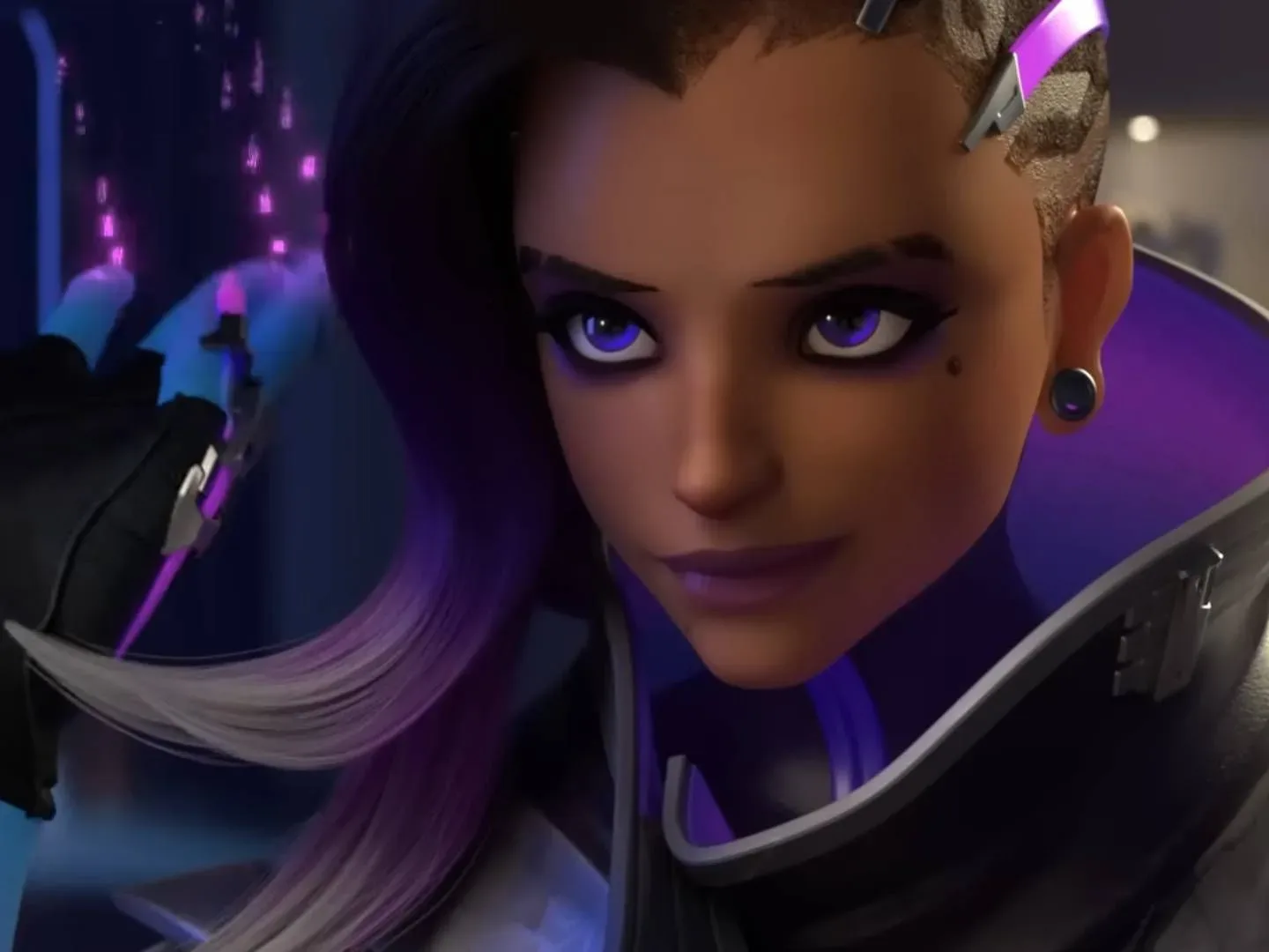 Sombra waves in a screenshot from Overwatch animated short Infiltration.