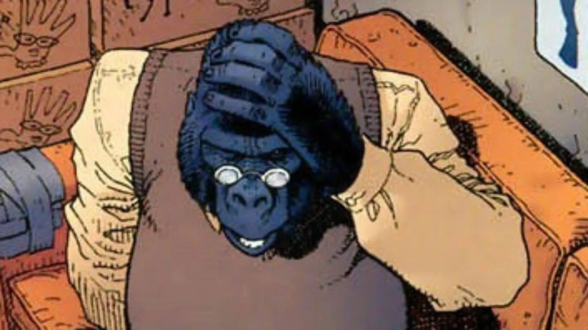 A gorilla in formal clothing on the set of The People v. Gorilla Grodd