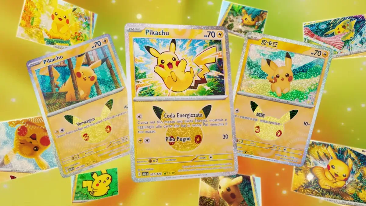 Multiple Pikachu Pokemon cards on a yellow, sparkly background