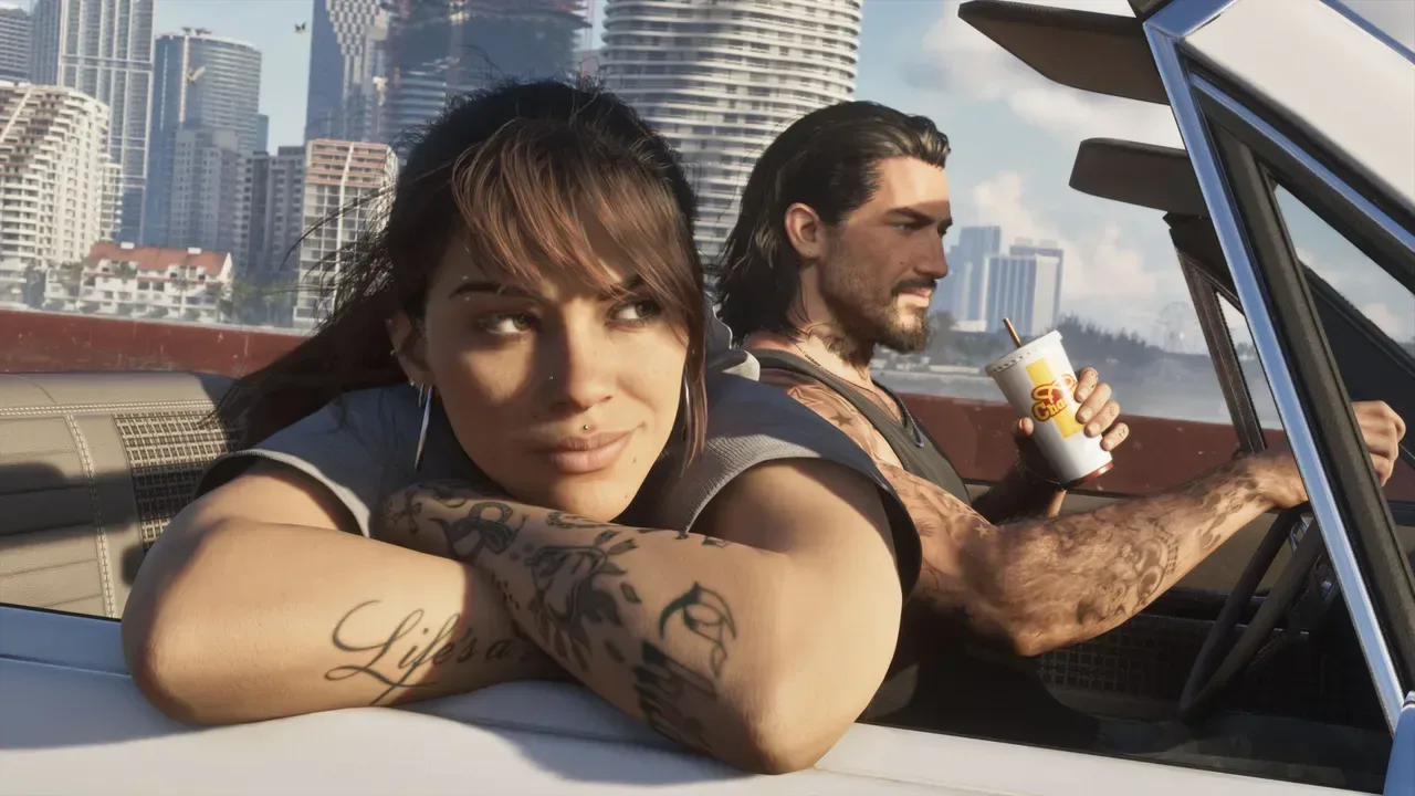 Jason and Lucia in a Miami-inspired Vice City setting