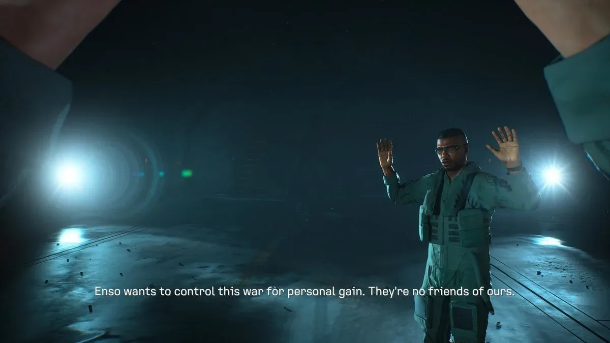 Ace Combat 8 screenshot showing a character with his arms raised