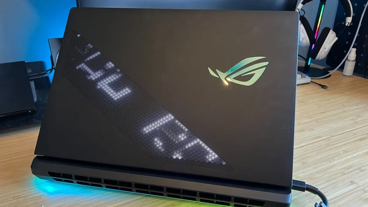 Back lid of 2026 Asus ROG Strix Scar 18 showing dot display and ROG logo