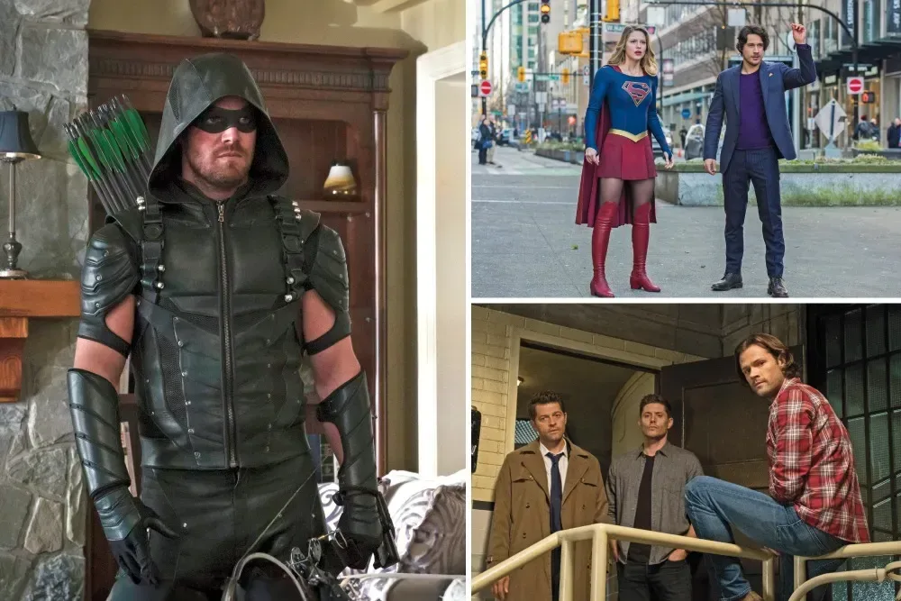 A collage representing the CW’s 20-year television legacy, including teen dramas and DC superhero series