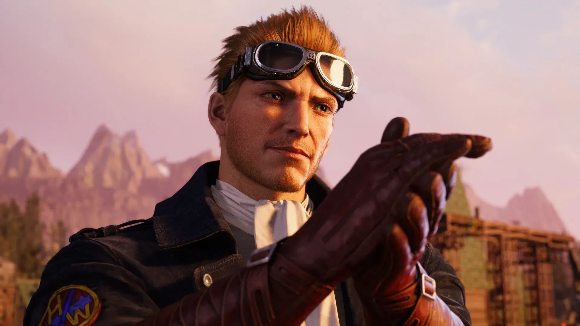Cid, his pilot goggles lifted beneath his blonde hair, in Final Fantasy 7 Revelation, rubs his gloved hands together