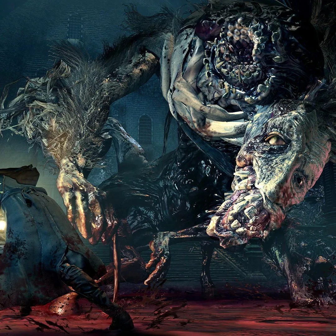 A dark fantasy boss arena representing FromSoftware’s tragic monster design