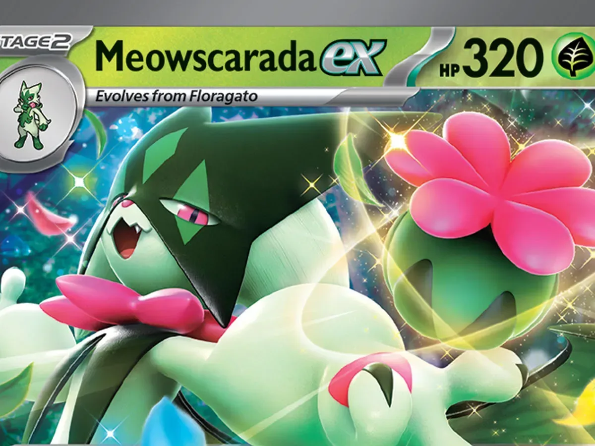 Meowscarada ex card with Magical Bullet attack from Pokémon TCG: Mega Evolution—Delta Reign
