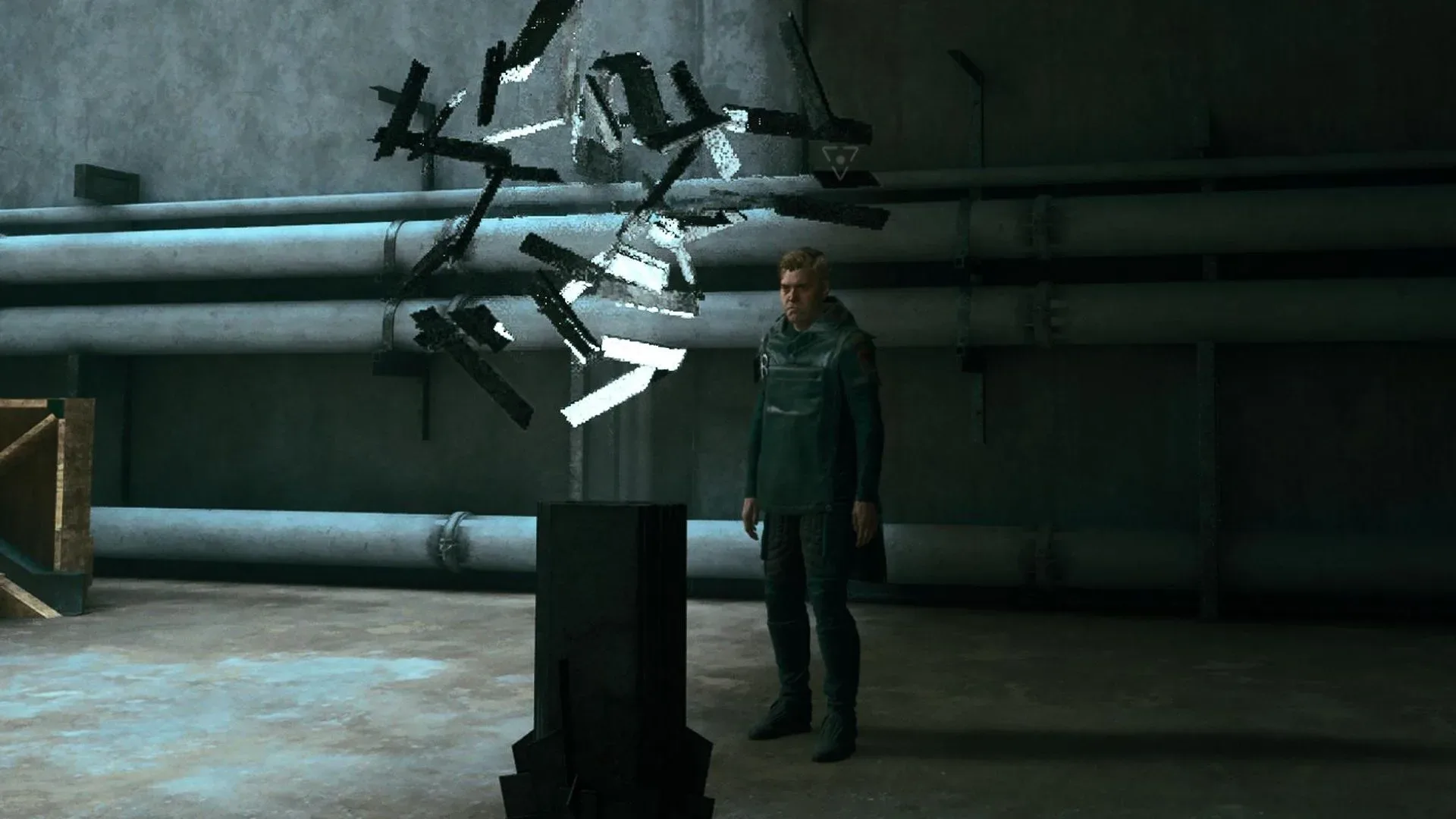 A Control Resonant checkpoint pillar projecting a beam of light as changing save-style symbols appear above it