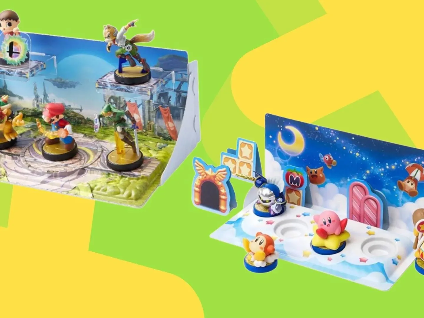 Image of two of Nintendo's amiibo dioramas on a green GamesRadar+ background.