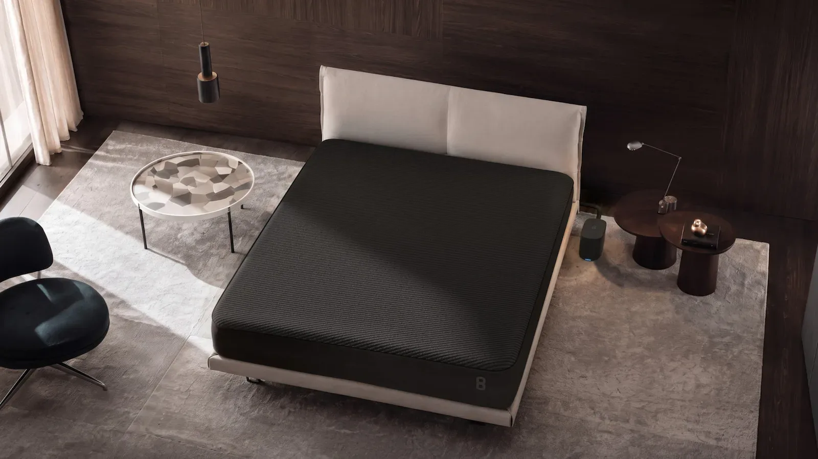 Eight Sleep Pod 6 smart mattress cover and compact hub beneath a bed frame